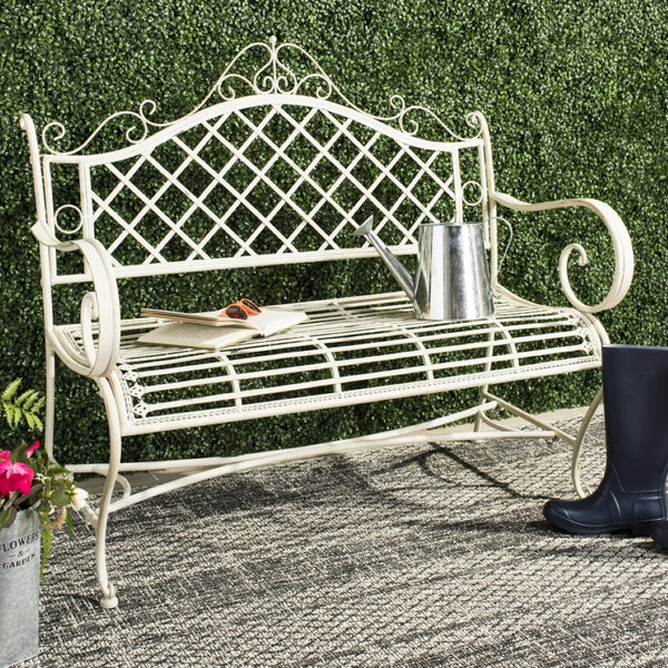 Safavieh ABNER Elegant Parisian Inspired Garden Bench with Delicate Scrollwork for Outdoor Living Spaces Antique White PAT5017A