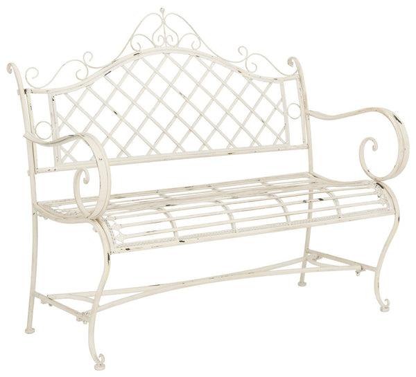 Safavieh ABNER Elegant Parisian Inspired Garden Bench with Delicate Scrollwork for Outdoor Living Spaces Antique White PAT5017A