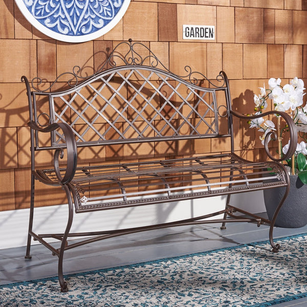 Safavieh ABNER Elegant Parisian Inspired Garden Bench with Delicate Scrollwork for Outdoor Living Spaces Rustic Brown PAT5017B