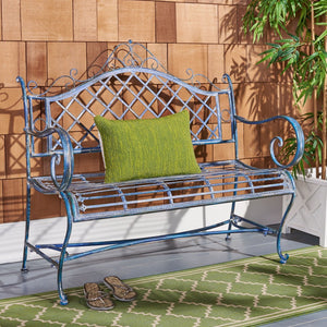 Safavieh ABNER Elegant Parisian Inspired Garden Bench with Delicate Scrollwork for Outdoor Living Spaces Mossy Blue / - PAT5017C