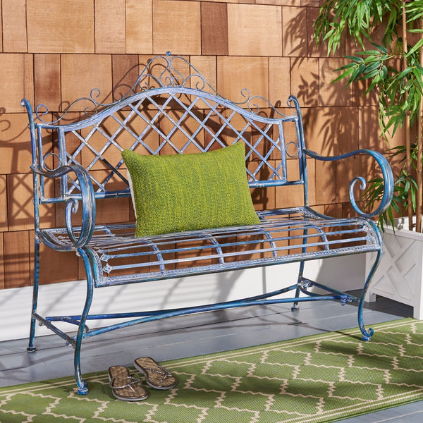 Safavieh ABNER Elegant Parisian Inspired Garden Bench with Delicate Scrollwork for Outdoor Living Spaces Mossy Blue / - PAT5017C