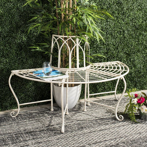 Safavieh ABIA Tree Bench - Elegant Wrought-Iron Scrollwork for Timeless Outdoor Charm and Relaxation Space Distressed White / - PAT5018A