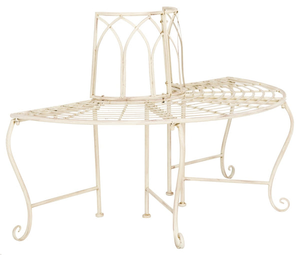 Safavieh ABIA Tree Bench - Elegant Wrought-Iron Scrollwork for Timeless Outdoor Charm and Relaxation Space Distressed White / - PAT5018A