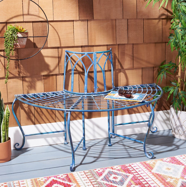 Safavieh ABIA Tree Bench - Elegant Wrought-Iron Scrollwork for Timeless Outdoor Charm and Relaxation Space Mossy Blue / - PAT5018C