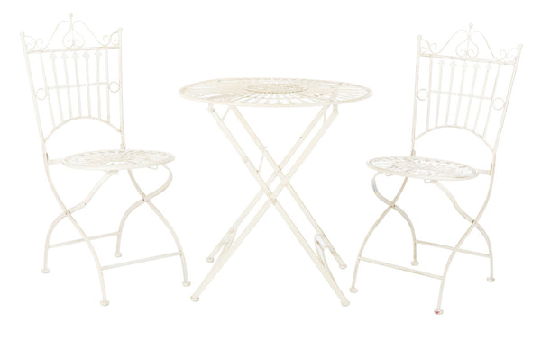 Safavieh BELEN Bistro Set - Elegant Outdoor Table and Two Chairs with Victorian Ironwork Design for Patios Pearl White / - PAT5020A