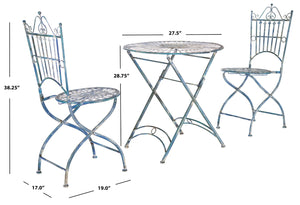 Safavieh BELEN Bistro Set - Elegant Outdoor Table and Two Chairs with Victorian Ironwork Design for Patios Mossy Blue / - PAT5020C