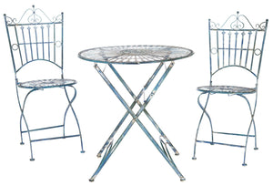 Safavieh BELEN Bistro Set - Elegant Outdoor Table and Two Chairs with Victorian Ironwork Design for Patios Mossy Blue / - PAT5020C