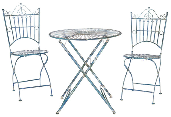 Safavieh BELEN Bistro Set - Elegant Outdoor Table and Two Chairs with Victorian Ironwork Design for Patios Mossy Blue / - PAT5020C