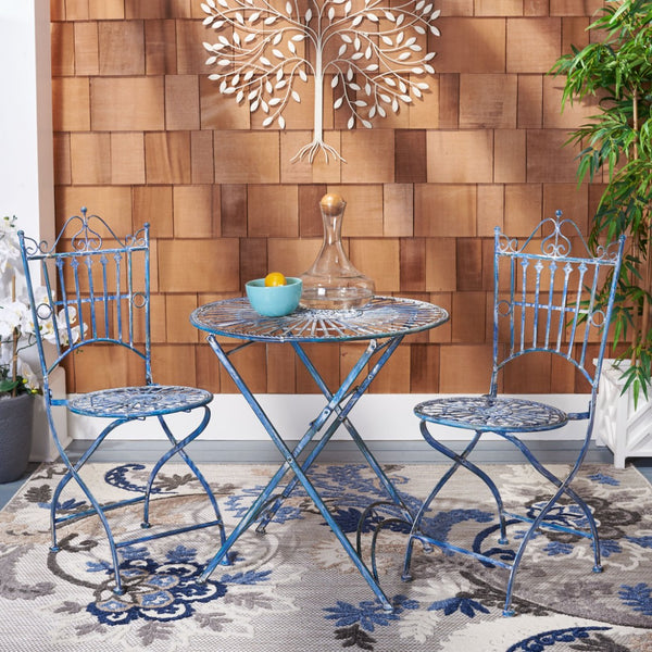 Safavieh BELEN Bistro Set - Elegant Outdoor Table and Two Chairs with Victorian Ironwork Design for Patios Mossy Blue / - PAT5020C