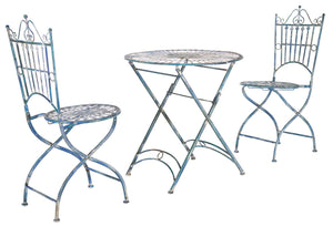 Safavieh BELEN Bistro Set - Elegant Outdoor Table and Two Chairs with Victorian Ironwork Design for Patios Mossy Blue / - PAT5020C