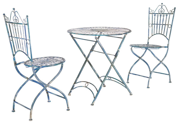 Safavieh BELEN Bistro Set - Elegant Outdoor Table and Two Chairs with Victorian Ironwork Design for Patios Mossy Blue / - PAT5020C