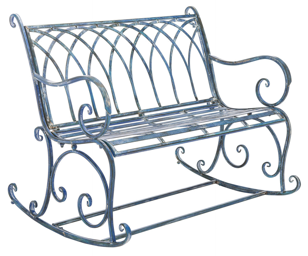 Safavieh Ressi Outdoor Rock Bench In Antique Blue - Vintage Charm For Your Garden, Patio, Or Porch Decor Mossy Blue , 100% Iron Pat5021c