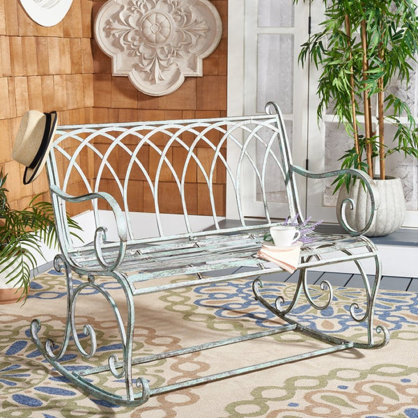 Safavieh RESSI Rock Bench - Elegantly Crafted Wrought Iron Seating for Timeless Outdoor Charm & Comfort Antique Dark Green / - PAT5021D