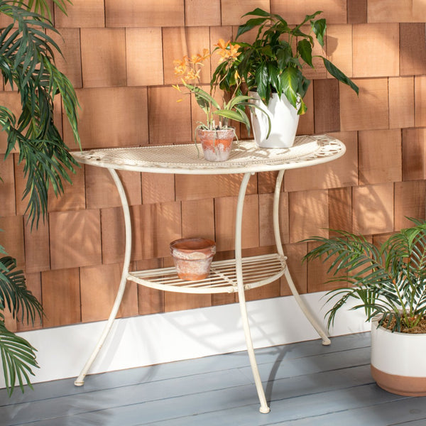 Safavieh GENSON Victorian-Inspired Half-Moon Console Table - Elegant Iron Design for Outdoor Spaces & Storage Pearl White / - PAT5027A
