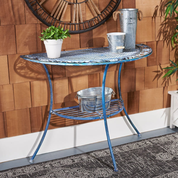 Safavieh GENSON Victorian-Inspired Half-Moon Console Table - Elegant Iron Design for Outdoor Spaces & Storage Mossy Blue / - PAT5027C