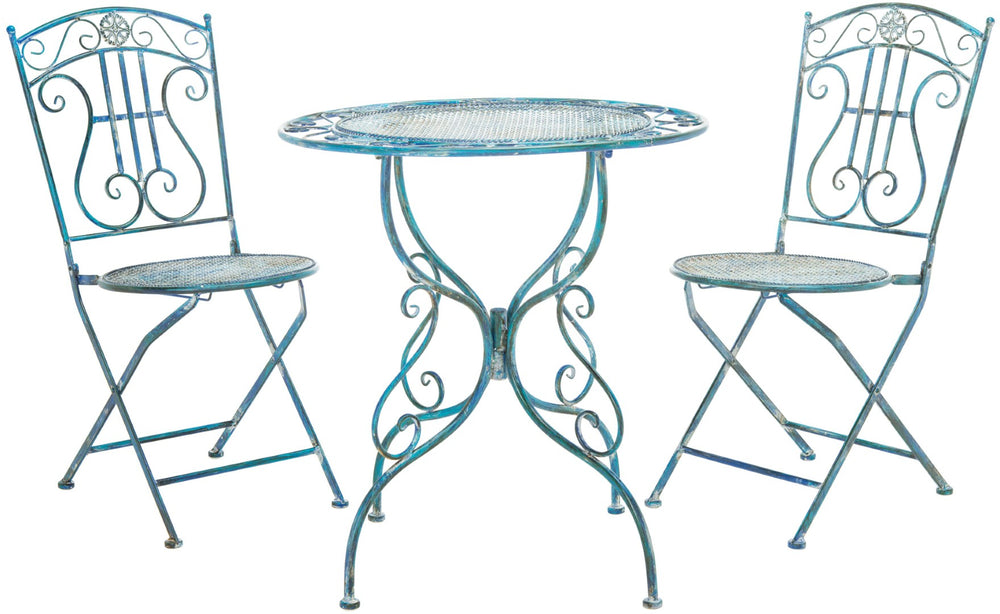 Safavieh SEMLY 3-Piece Bistro Set for Charming Outdoor Dining with Ornate Iron Scrollwork & Timeless Design Mossy Blue / - PAT5028C