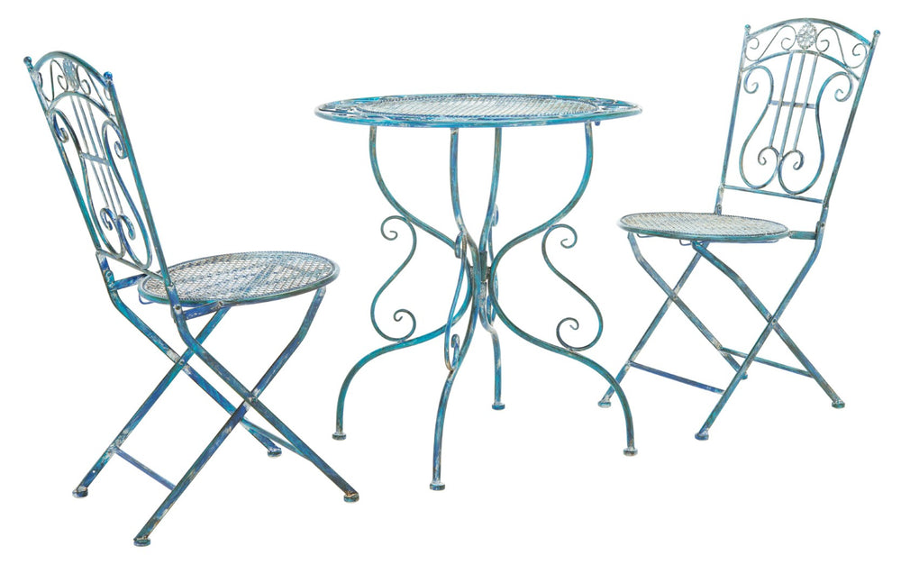 Safavieh SEMLY 3-Piece Bistro Set for Charming Outdoor Dining with Ornate Iron Scrollwork & Timeless Design Mossy Blue / - PAT5028C