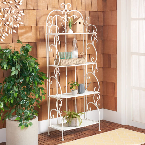 Safavieh TYRIQUE 4-Tier Shelf Unit - Elegant Iron Display for Outdoor Spaces with Vintage Charm and Durability Antique White PAT5033A