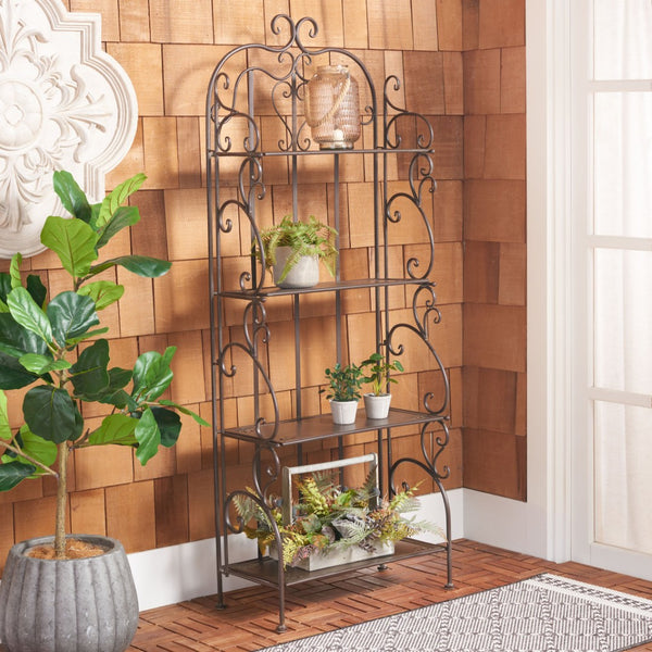 Safavieh TYRIQUE 4-Tier Shelf Unit - Elegant Iron Display for Outdoor Spaces with Vintage Charm and Durability Rustic Brown PAT5033B