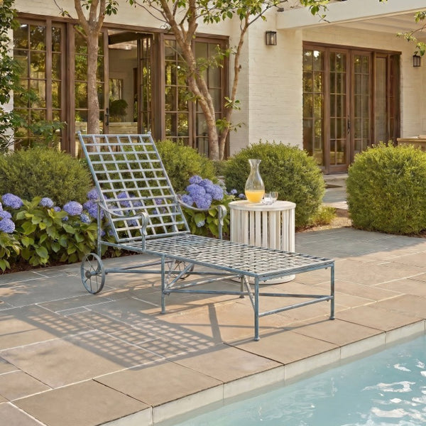 Safavieh Caledonia Outdoor Metal Chaise Lounge Antique White Powder Coat Patio Resort Style Blue PAT5052C