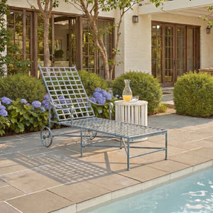 Safavieh Caledonia Outdoor Metal Chaise Lounge Antique White Powder Coat Patio Resort Style Blue PAT5052C