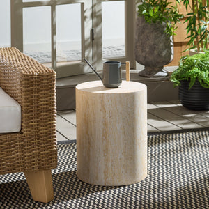 Tina Cylinder Accent Table With Polystone Durability, Minimalist Round Pedestal For Modern Spaces