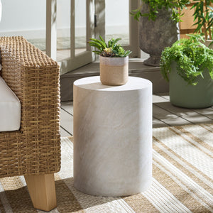 Tina Cylinder Accent Table With Polystone Durability, Minimalist Round Pedestal For Modern Spaces