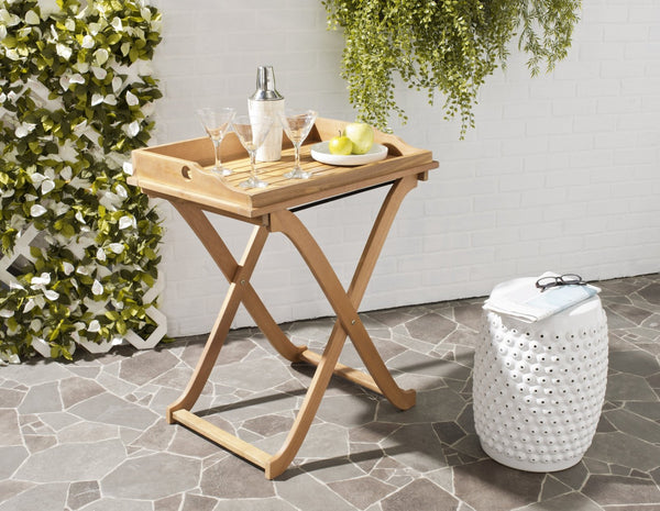Safavieh COVINA Tray Table - Elegant Outdoor Furniture for Alfresco Entertaining, Compact & Portable Design Natural PAT6716A