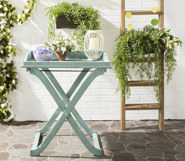 Safavieh COVINA Tray Table - Elegant Outdoor Furniture for Alfresco Entertaining, Compact & Portable Design Beach House Blu PAT6716D