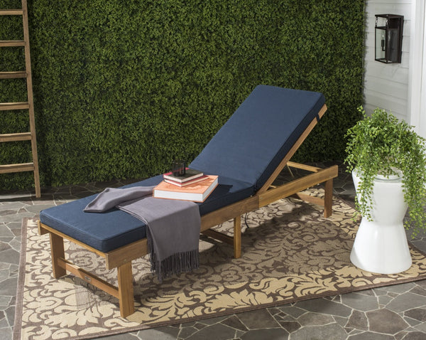 Safavieh INGLEWOOD Chaise Lounge - Stylish Outdoor Comfort with Adjustable Backrest & Durable Acacia Frame Natural / Navy PAT6723B