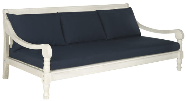 Safavieh PASADENA Daybed – Elegant Eco-Friendly Acacia Wood with All-Weather Cushions for Outdoor Comfort Antique White / Navy PAT6724D