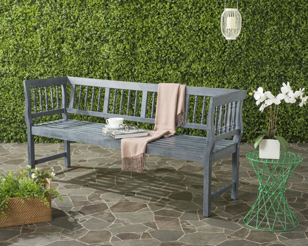 Safavieh BRENTWOOD Elegant Acacia Wood Bench with Silver Accents for Outdoor Spaces and Timeless Style Ash Grey PAT6732B