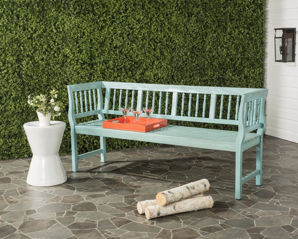Safavieh BRENTWOOD Elegant Acacia Wood Bench with Silver Accents for Outdoor Spaces and Timeless Style Beach House Blu / Beige PAT6732D