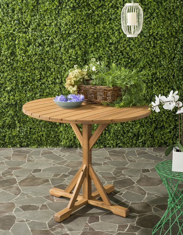 Safavieh ARCATA Round Outdoor Dining Table – Elegant Acacia Wood with Silver Metal Accents for Patios & Decks Natural PAT6735A