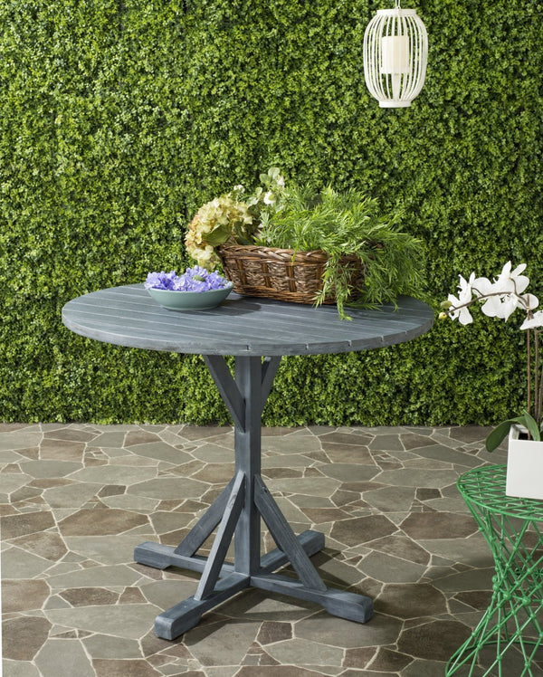 Safavieh ARCATA Round Outdoor Dining Table – Elegant Acacia Wood with Silver Metal Accents for Patios & Decks Ash Grey PAT6735B