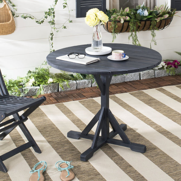 Safavieh ARCATA Round Outdoor Dining Table – Elegant Acacia Wood with Silver Metal Accents for Patios & Decks Dark Slate Gray PAT6735K