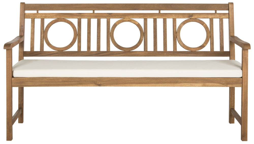 Safavieh MONTCLAIR Elegant Three-Seat Outdoor Bench with Plush Cushion and Timeless Geometric Design Natural / Beige PAT6736A