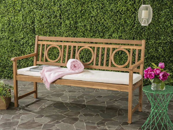 Safavieh MONTCLAIR Elegant Three-Seat Outdoor Bench with Plush Cushion and Timeless Geometric Design Natural / Beige PAT6736A