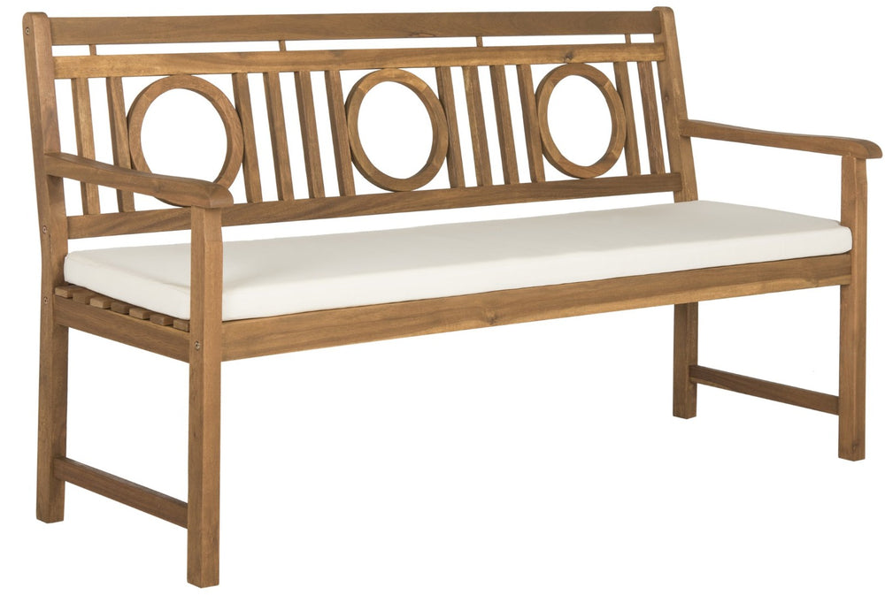 Safavieh MONTCLAIR Elegant Three-Seat Outdoor Bench with Plush Cushion and Timeless Geometric Design Natural / Beige PAT6736A