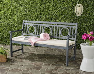 Safavieh MONTCLAIR Elegant Three-Seat Outdoor Bench with Plush Cushion and Timeless Geometric Design Ash Grey / Beige PAT6736B