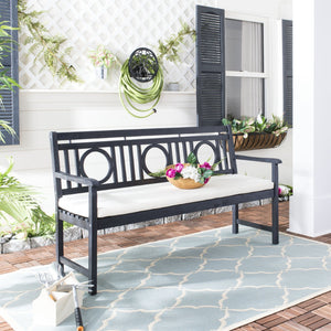 Safavieh MONTCLAIR Elegant Three-Seat Outdoor Bench with Plush Cushion and Timeless Geometric Design Dark Slate Gray / Beige PAT6736K