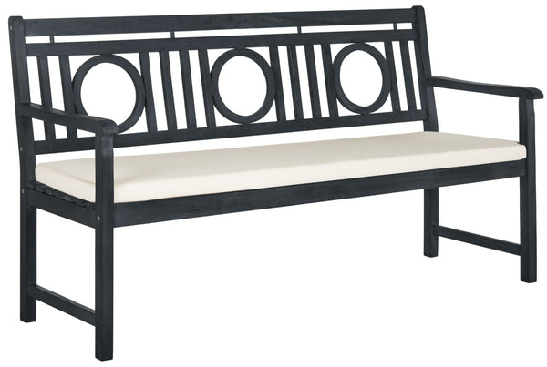 Safavieh MONTCLAIR Elegant Three-Seat Outdoor Bench with Plush Cushion and Timeless Geometric Design Dark Slate Gray / Beige PAT6736K