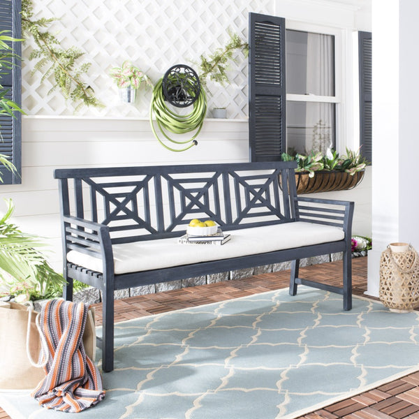 Safavieh DEL MAR 3-Seat Bench - Modern Outdoor Furniture with Plush Cushion for Relaxed Patio Elegance Dark Slate Gray / Beige PAT6737K