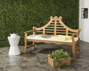 Safavieh AZUSA Bench – Elegant Carved Wood Design with Plush Cushion for Timeless Outdoor Comfort & Style Natural / Beige PAT6741A