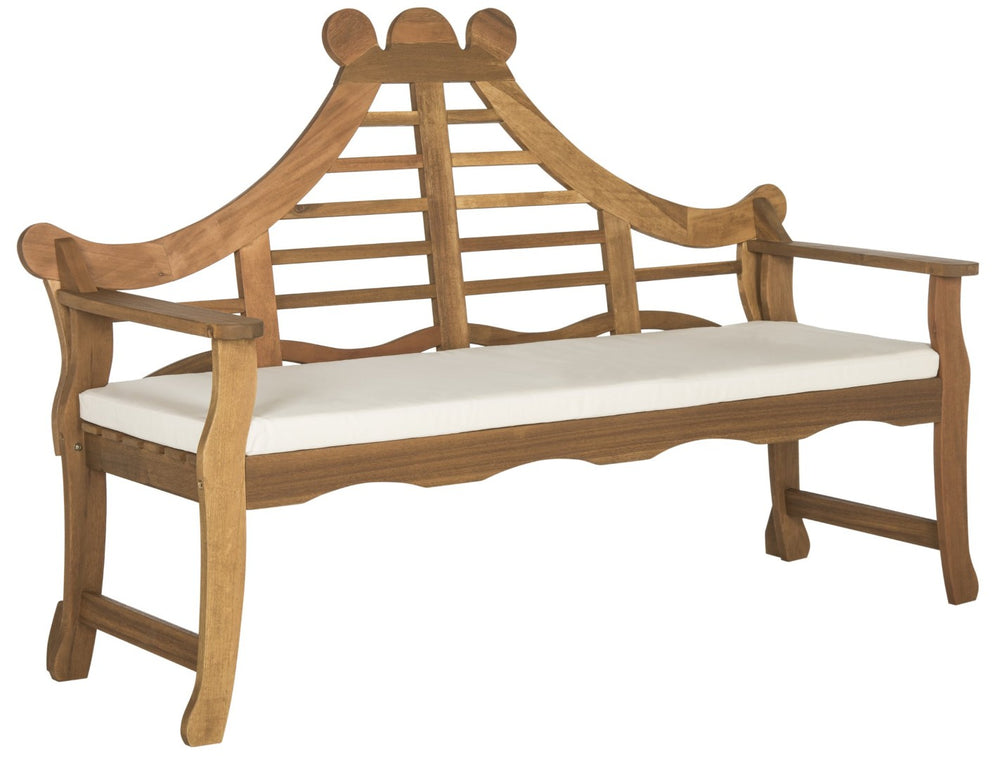 Safavieh AZUSA Bench – Elegant Carved Wood Design with Plush Cushion for Timeless Outdoor Comfort & Style Natural / Beige PAT6741A