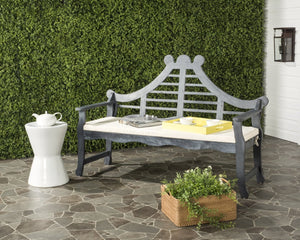 Safavieh AZUSA Bench – Elegant Carved Wood Design with Plush Cushion for Timeless Outdoor Comfort & Style Ash Grey / Beige PAT6741B