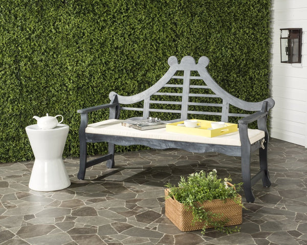 Safavieh AZUSA Bench – Elegant Carved Wood Design with Plush Cushion for Timeless Outdoor Comfort & Style Ash Grey / Beige PAT6741B