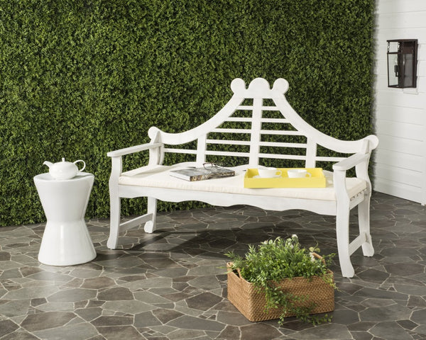 Safavieh AZUSA Bench – Elegant Carved Wood Design with Plush Cushion for Timeless Outdoor Comfort & Style Antique / White PAT6741C