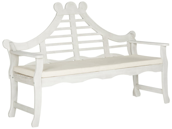 Safavieh AZUSA Bench – Elegant Carved Wood Design with Plush Cushion for Timeless Outdoor Comfort & Style Antique / White PAT6741C