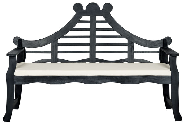 Safavieh AZUSA Bench – Elegant Carved Wood Design with Plush Cushion for Timeless Outdoor Comfort & Style Dark Slate Gray / Beige PAT6741K